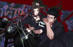 Rule 34 | 1boy, 1girl, aerith gainsborough, aerith gainsborough (midgard seventh high school), bandaid, bandaid on cheek, bandaid on face, belt, black choker, black gloves, black hair, black jacket, black sailor collar, black serafuku, black skirt, blue eyes, brown hair, choker, closed mouth, cowboy shot, crop top, cropped shirt, delinquent, final fantasy, final fantasy vii, final fantasy vii ever crisis, flower, gakuran, gloves, green eyes, hair flower, hair ornament, hand on another&#039;s waist, highres, jacket, long hair, looking at viewer, midriff, motor vehicle, motorcycle, navel, neckerchief, official alternate costume, open clothes, open jacket, parted bangs, parted lips, pleated skirt, ponytail, s sohwagi s, sailor collar, school uniform, serafuku, skirt, spiked hair, sukeban, upper body, white flower, white neckerchief, zack fair, zack fair (midgard seventh high school)