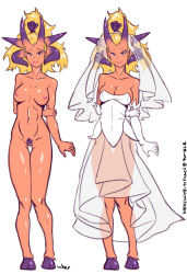 1girl abs blonde_hair breasts bridal_veil buttpants clothes_on_and_off collarbone daemon_(warhammer) demon_horns dress elbow_gloves gloves highres holding_own_arm hooves horns large_breasts long_dress long_hair looking_at_viewer low_neckline multiple_horns nipples pubic_hair pussy see-through_clothes see-through_dress see-through_veil shy silhouette slaanesh veil warhammer_40k wedding_dress white_gloves