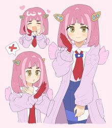1girl :o blue_pants blush brown_eyes cardigan closed_eyes closed_mouth eyelashes gloves hair_ornament hairclip han0579 hands_on_own_face heart highres it&#039;s_just_not_right! lacey_(pokemon) long_sleeves looking_at_viewer multiple_views necktie nintendo open_cardigan open_clothes open_mouth pants partially_fingerless_gloves pink_cardigan pink_hair pokemon pokemon_sv protected_link red_gloves red_necktie short_hair single_glove smile spoken_x white_background x_arms