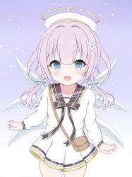1girl :d absurdres angel angel_wings bag blue_eyes blush bow detached_wings dress feathered_wings hair_between_eyes hair_ornament halo highres long_hair long_sleeves low_twintails maimai_(game) neprain open_mouth pleated_dress sailor_collar sailor_dress smile solo striped_background striped_bow twintails white_dress white_sailor_collar white_wings wings yurisaki_mika_(maimai)