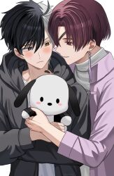 2boys black_eyes black_hair black_hood black_hoodie black_jacket blush earrings eyepatch heterochromia hood hooded_jacket hoodie hyohls2_(hamao3o) jacket jewelry male_focus multicolored_hair multiple_boys peanuts_(comic) pink_jacket red_eyes red_hair sakura_haruka_(wind_breaker) shirt short_hair snoopy stuffed_animal stuffed_dog stuffed_toy suo_hayato tassel tassel_earrings turtleneck two-tone_hair white_hair white_shirt wind_breaker_(nii_satoru) yellow_eyes