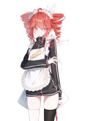 1girl absurdres alternate_costume apron arm_at_side black_jacket black_shirt black_thighhighs bow double-parted_bangs drill_hair food_print frilled_apron frilled_hairband frills hair_between_eyes hair_bow hair_ribbon hairband hashtag-only_commentary highres jacket kasane_teto kasane_teto_(sv) long_hair looking_at_viewer mismatched_thighhighs print_apron qiu_ri red_eyes ribbon shirt simple_background solo synthesizer_v thighhighs twin_drills utau very_long_hair white_apron white_background white_bow white_ribbon white_thighhighs