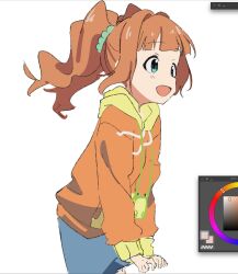 Rule 34 | 1girl, :d, animal bag, aqua eyes, art program in frame, blue skirt, blunt bangs, color wheel, commentary request, cowboy shot, hair ornament, hair scrunchie, highres, hood, hood down, hoodie, idolmaster, idolmaster (classic), long hair, long sleeves, open mouth, orange hair, orange hoodie, osakana (kitasisn), scrunchie, simple background, skirt, smile, solo, takatsuki yayoi, twintails, two-tone hoodie, white background, yellow hood, yellow sleeve cuffs