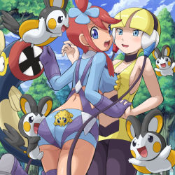 10s 2girls :o ass blonde_hair blue_eyes blue_gloves blue_jacket blue_shorts blush breasts cropped_jacket day eelektrik elesa_(pokemon) emolga gen_5_pokemon gloves groping gym_leader hair_ornament jacket joltik medium_breasts molestation multiple_girls nintendo outdoors pantyhose pokemoa pokemon pokemon_(creature) pokemon_bw raised_eyebrows red_hair short_hair short_hair_with_long_locks short_shorts shorts sidelocks skyla_(pokemon) small_breasts teeth topknot upper_teeth_only yuri