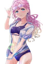 1girl adjusting_eyewear anyoji_hime anyoji_hime_(swimsuit) bikini blonde_hair blue_eyes bracelet breasts commentary_request eyewear_on_head frontrivers_kae gradient_hair highres jewelry light_blush link!_like!_love_live! looking_at_viewer love_live! medium_breasts multicolored_hair nail_polish open_mouth pink_hair purple_bikini shirt solo sunglasses swimsuit virtual_youtuber wet wet_clothes wet_shirt white_background white_shirt