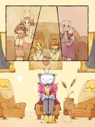1other 2boys 2girls aged_down ant_tenna armchair asgore_dreemurr blush_stickers brown_hair chair child couch covered_eyes curtains deltarune fake_horns family furry furry_female furry_male glasses goat_horns hair_over_eyes hands_on_own_knees highres horn_hairband horns indoors jacket kris_(deltarune) multiple_boys multiple_girls necktie noelle_holiday object_head on_couch red_jacket shoes short_hair sitting sitting_on_lap sitting_on_person smile television toriel yellow_necktie yellow_shoes zunda_e_damame