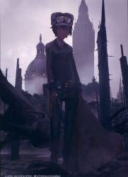 1girl androgynous artist_name bare_tree belt belt_buckle belt_pouch black_hair black_jacket black_legwear broken brown_belt brown_coat buckle clock clock_tower closed_mouth coat collared_shirt colt_1851_navy commentary dome dress_shirt expressionless fallen_tree female_focus flat_chest fog full_body fur_hat goggles goggles_on_head goggles_on_headwear gun hair_between_eyes handgun hat highres holding holding_coat holding_gun holding_unworn_clothes holding_weapon holster jacket kino_(kino_no_tabi) kino_no_tabi looking_at_viewer overcast overcoat pants pine_tree pouch purple_eyes reverse_trap revolver rounin_(amuza) ruins scan shirt short_hair skinny sky solo standing statue thigh_gap tomboy tower translated tree twitter_username unworn_coat ushanka weapon white_shirt wind