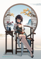 1girl absurdres bare_shoulders bonsai bracelet breasts brown_hair cleavage covered_navel crossed_legs cup earrings elbow_gloves flower full_body gloves green_eyes hair_between_eyes hair_flower hair_ornament hairpin highres holding holding_cup honkai:_star_rail honkai_(series) jewelry looking_at_viewer medium_breasts medium_hair mountainous_horizon necklace pearl_necklace ruan_mei_(honkai:_star_rail) satoko77 sitting solo teacup teapot thigh_strap tree twitter_username vase wooden_chair