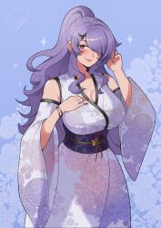 1girl alternate_costume alternate_hairstyle blush breasts camilla_(fire_emblem) cleavage closed_mouth deliciousbrain detached_sleeves fire_emblem fire_emblem_fates floral_print floral_print_kimono hair_ornament hair_over_one_eye highres japanese_clothes kimono large_breasts lips long_hair looking_at_viewer nintendo obi print_kimono purple_eyes purple_hair purple_kimono sash sleeveless smile solo tiara very_long_hair wavy_hair