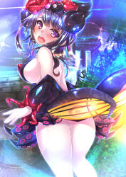 Rule 34 | 1girl, bare back, bare shoulders, black dress, blush, breasts, clip studio paint (medium), commentary, dress, fate/grand order, fate (series), flower, hair flower, hair ornament, highres, katsushika hokusai (fate), katsushika hokusai (third ascension) (fate), large breasts, looking back, medium hair, moonlight, open mouth, outdoors, purple eyes, purple hair, solo, sparkle, star (sky), tamano nae, teeth, upper teeth only