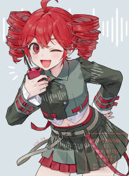 1girl :d ahoge artist_name belt blush collared_jacket cowboy_shot ctd_114 drill_hair grey_background grey_jacket hair_ornament hand_on_own_hip highres holding holding_walkie-talkie jacket kasane_teto kasane_teto_(voicepeak) long_sleeves navel one_eye_closed open_mouth red_belt red_eyes red_hair short_hair smile solo twin_drills voicepeak walkie-talkie watermark waveform x_hair_ornament