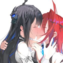 2girls ahoge asymmetrical_horns black_hair black_horns blue_fire blue_hair closed_eyes elizabeth_rose_bloodflame fire french_kiss highres hololive hololive_english horns kiss long_hair multiple_girls nerissa_ravencroft red_hair simple_background thekaiyip uneven_horns upper_body virtual_youtuber white_background yuri