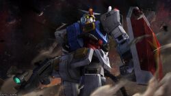 absurdres asteroid beam_rifle cable copyright_logo debris dust_cloud energy_gun glowing glowing_eyes gundam gundam_battle_operation_2 gundam_thunderbolt highres machinery mecha mecha_focus mobile_suit nebula no_humans painting_(medium) perfect_gundam_(thunderbolt) realistic robot scan science_fiction scope shield space star_(sky) sunrise_(company) tenjin_hidetaka traditional_media v-fin weapon yellow_eyes