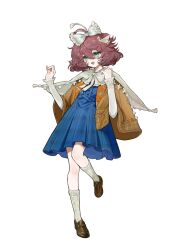 1girl :d aqua_eyes blue_skirt blue_vest bow bowtie brown_cloak brown_shoes cape cloak flutterpage full_body hair_between_eyes hair_bow hands_up highres leg_up miniskirt open_mouth reverse:1999 shoes short_hair skirt smile socks solo standing standing_on_one_leg tgd_xiao_bai vest white_background white_bow white_bowtie white_cape white_socks