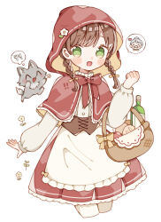 1girl apron basket big_bad_wolf braid brown_hair capelet commentary cowboy_shot flower food grandmother_(little_red_riding_hood) green_eyes highres hood hood_up hooded_capelet little_red_riding_hood_(fairy_tale) little_red_riding_hood_(fairy_tale_character) long_hair long_sleeves looking_at_viewer nagihoko open_mouth red_capelet shirt simple_background solo standing twin_braids white_apron white_background white_shirt