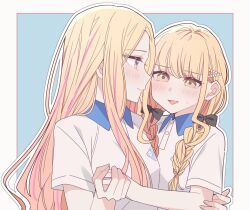 2girls black_bow blonde_hair border bow braid closed_mouth collared_shirt commentary fang fujita_kotone gakuen_idolmaster hair_bow hair_ornament hairclip holding_hands idolmaster juo_sena kousaka_0v0 long_hair multiple_girls open_mouth outline pink_hair purple_eyes school_uniform shirt short_hair skin_fang smile twin_braids upper_body white_border white_outline white_shirt yellow_eyes yuri
