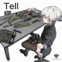 1girl ammunition_pouch assault_rifle belt belt_buckle black_belt black_boots black_gloves black_jacket black_shorts black_thighhighs blue_eyes boots braid buckle bulletproof_vest cleaning_gun commentary_request crossed_bangs dani_periapsis disassembly earpiece expressionless folded_ponytail full_body garter_straps gauze gauze_on_cheek gloves glowstick gradient_hair grey_hair gun hair_between_eyes hair_intakes hair_over_one_eye half_up_braid hand_on_own_ear highres hip_vent holding holding_gun holding_weapon holster id_card insignia jacket knee_boots lace-up_boots legs_apart light_blush load_bearing_vest magazine_(weapon) mole mole_on_thigh mole_under_eye multicolored_eyes multicolored_hair multiple_moles necktie parted_lips police police_uniform policewoman ponytail pouch purple_eyes rifle scope seallllion shin_strap short_ponytail short_shorts shorts side_slit sig_sauer sig_sg550 simple_background single_garter_strap skindentation solo standing star-shaped_pupils star_(symbol) suit_jacket symbol-shaped_pupils tachi-e tactical_clothes tell_(vrchat) thigh_belt thigh_holster thigh_pouch thigh_strap thighhighs three-quarter_sleeves trigger_discipline turtleneck two-tone_eyes vrchat walkie-talkie watch weapon white_background white_hair white_necktie wing_collar wristwatch