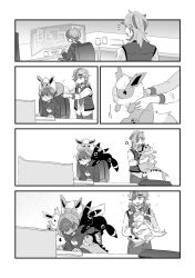 1boy 1girl animal animal_on_head animal_on_shoulder arven_(pokemon) blush chair character_request check_character clinging creatures_(company) cup desk flareon game_freak gen_1_pokemon gen_2_pokemon gen_4_pokemon gen_6_pokemon glasses greyscale hair_over_one_eye holding holding_animal hood hood_down hoodie jitome jolteon laughing leafeon long_sleeves medium_hair mojo_sn monitor monochrome multicolored_hair musical_note nintendo office_chair on_head one_eye_covered outstretched_arms penny_(pokemon) poke_ball_print pokemon pokemon_sv print_shirt shirt short_hair sitting streaked_hair swivel_chair sylveon two-tone_hair umbreon vaporeon vest