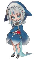 Rule 34 | 1girl, animal costume, animal hood, blue eyes, blue hair, blue hoodie, blue socks, drawstring, fins, fish tail, full body, gawr gura, gawr gura (1st costume), grey hair, highres, hololive, hololive english, hood, hood up, hoodie, long sleeves, looking at viewer, multicolored hair, open mouth, shark costume, shark girl, shark hood, shark tail, socks, solo, standing, streaked hair, tail, two side up, virtual youtuber, zudzuki