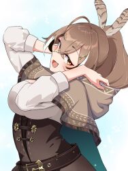 Rule 34 | 1girl, belt, black belt, black hair, brown cape, brown cloak, brown hair, cape, cloak, crossed bangs, feather hair ornament, feathers, hair between eyes, hair ornament, hairclip, hands up, high-waist skirt, high ponytail, highres, hololive, hololive english, hood, hooded cloak, light blush, long hair, long sleeves, looking at viewer, manab (manab101), multicolored hair, nanashi mumei, open mouth, ponytail, shirt, simple background, skirt, smile, solo, streaked hair, virtual youtuber, white background, white hair, white shirt, yellow eyes
