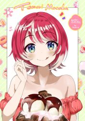 Rule 34 | 1girl, absurdres, bare shoulders, colored inner hair, food, highres, ice cream, idolmaster, idolmaster va-liv, licking lips, multicolored hair, red hair, short hair, srrg nichijo, streamers, tomori manaka, tongue, tongue out, two-tone hair, virtual youtuber