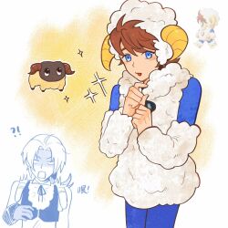 Rule 34 | !?, 2boys, animal costume, bartz klauser, beastmaster (final fantasy), blue eyes, blue pantyhose, blush, brown hair, carmen erla, final fantasy, final fantasy ix, final fantasy v, highres, horns, looking at viewer, male focus, multiple boys, open mouth, pantyhose, sheep costume, sheep hat, sheep horns, short hair, sparkle, wool, yan (final fantasy), zidane tribal