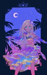 1girl aqua_eyes arabian_clothes blonde_hair dark-skinned_female dark_skin highres idolmaster idolmaster_cinderella_girls layla_(idolmaster) long_hair looking_at_viewer moon navel night oimo_(14sainobba) solo