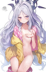 1girl between_legs blue_archive breasts cardigan closed_mouth covering_breasts covering_privates demon_girl demon_horns grey_hair halo hand_between_legs highres hina_(blue_archive) hina_(pajamas)_(blue_archive) horns huwari_(dnwls3010) loli long_hair long_sleeves looking_at_viewer navel official_alternate_costume pajamas parted_bangs pink_pajamas polka_dot polka_dot_pajamas purple_eyes simple_background small_breasts solo very_long_hair wavy_hair white_background yellow_cardigan