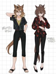 2girls agnes_tachyon_(umamusume) ahoge alternate_costume animal_ears belt black_jacket black_pants black_shirt black_shoes brown_hair character_name clenched_teeth collared_shirt flat_chest floral_print frown full_body grey_sandals grid_background hair_between_eyes hair_ornament hairclip hand_in_pocket hand_on_own_neck high_heels highres horse_ears horse_girl horse_tail jacket jungle_pocket_(umamusume) long_sleeves looking_at_viewer looking_to_the_side medium_hair motibeeeee multiple_girls notched_ear open_mouth pants red_eyes sandals shirt shoes short_sleeves smile standing tail teeth toes umamusume v-neck yellow_eyes yellow_shirt