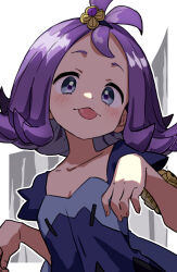 1girl :p acerola_(pokemon) armlet blue_eyes clover clover_hair_ornament collarbone dress gazacy_(dai) ghost_pose hair_ornament highres jewelry looking_at_viewer multicolored_dress nintendo pokemon pokemon_sm purple_hair simple_background solo tongue tongue_out topknot