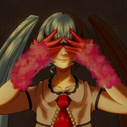 Rule 34 | 1girl, album cover redraw, aqua hair, ariana grande, blue hair, derivative work, hatsune miku, hatsune miku (vocaloid4), highres, long hair, necktie, self-upload, sigmaxv, simple background, smile, solo, twintails, vocaloid