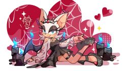 1girl alternate_costume animal animal_ears animal_nose bat_(animal) bat_ears bat_girl bat_wings black_dress black_eyeshadow black_footwear blue_eyes blue_fire candle dress eyelashes eyeshadow fire full_body furry furry_female garter_straps gem heart highres looking_at_viewer lying makeup nail_polish red_gemstone rouge_the_bat sega silk smile solo sonic_(series) spider_web uyenmiumilk white_background white_fur white_hair white_sleeves wings