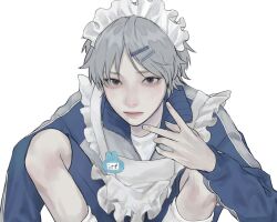 1boy aegyo_sal apron blue_eyes blue_jacket blue_pants closed_mouth frilled_apron frills grey_hair hair_ornament hairclip highres jacket lips long_sleeves looking_at_viewer maid_apron maid_headdress male_focus original pants parted_bangs shirt short_hair simple_background sitting slit_pupils socks solo track_jacket track_pants upper_body uyumint v white_apron white_background white_shirt white_socks
