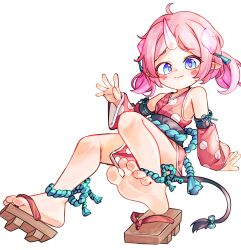 1girl barefoot blue_eyes blush chaosexceed closed_mouth commentary detached_sleeves dress full_body highres horns looking_at_viewer original paid_reward_available pink_dress pink_hair pointy_ears simple_background single_horn soles solo tail toes twintails white_background