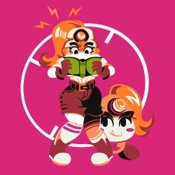 absurdres belt black_eyes blonde_hair blush blush_stickers book brown_gloves closed_mouth fang gloves goomba goombella helmet highres holding holding_book humanization long_hair mario_(series) multiple_persona nintendo paper_mario paper_mario:_the_thousand-year_door pocket ponytail reading red_background residentbevo searchlight short_jumpsuit short_sleeves shorts simple_background smile thick_eyebrows