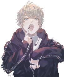 Rule 34 | 1boy, absurdres, black jacket, black nails, black necktie, blonde hair, blue eyes, braces, ear piercing, earclip, earrings, fangs, highres, jacket, jewelry, long sleeves, male focus, multiple rings, necktie, open mouth, original, piercing, ring, shirt, stud earrings, white background, white shirt, yin yang6