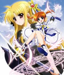 2girls ankle_wings blonde_hair blue_eyes boots brown_hair collared_dress commentary dress fate_testarossa fate_testarossa_(movie_1st_form) floating full_body higa_yukari highres holding holding_staff lyrical_nanoha magic_circle mahou_shoujo_lyrical_nanoha mahou_shoujo_lyrical_nanoha_the_movie_1st multiple_girls raising_heart raising_heart_(device_mode)_(1st) red_eyes sky staff takamachi_nanoha takamachi_nanoha_(movie_1st_mode) thighs watermark white_boots white_dress wings
