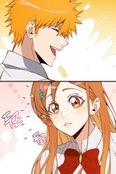 Rule 34 | 1boy, 1girl, absurdres, bleach, blouse, blush, brown eyes, closed eyes, hair ornament, hairclip, happy, highres, inoue orihime, karakura high school uniform, kurosaki ichigo, lips, long hair, n (nauki 11), open mouth, orange hair, parted lips, school uniform, shiny skin, shirt, short hair, teeth, tongue, upper body, upper teeth only