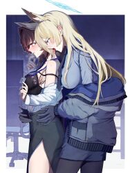 2girls absurdres animal_ear_fluff animal_ears badge bare_shoulders black_dress black_necktie blonde_hair blue_archive blue_eyes breasts brown_hair character_request collared_shirt dress female_sensei_(blue_archive) hair_behind_ear halo highres jacket kanna_(blue_archive) licking licking_another&#039;s_neck long_hair medium_breasts multiple_girls necktie pantyhose pencil_skirt police police_uniform policewoman red_eyes sensei_(blue_archive) senta_(ysk_0218) shirt side_slit sideboob skirt standing very_long_hair