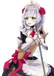 1girl absurdres armor armored_dress braid dress flower gauntlets genshin_impact green_eyes grey_hair hair_flower hair_ornament highres holding maid maid_headdress noelle_(genshin_impact) open_mouth red_flower red_rose rose short_hair shoulder_armor solo user_dfjw5785 white_background