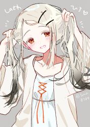 Rule 34 | 1girl, blonde hair, blush, bunching hair, camisole, collarbone, colored eyelashes, commentary request, gakuen idolmaster, gradient hair, grey background, grey hair, heart, highres, idolmaster, long hair, looking at viewer, multicolored hair, orange eyes, robe, shinosawa hiro, simple background, smile, solo, tamagogayu1998, twintails, twitter username, upper body, very long hair, white camisole, white robe