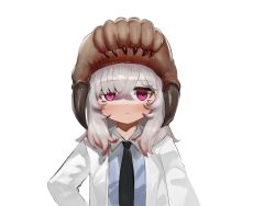 1girl :| black_necktie blue_shirt blush closed_mouth collared_shirt commentary_request dokomon grey_hair hair_between_eyes half-life half-life_(series) headcrab highres korean_commentary lab_coat looking_at_viewer necktie open_clothes purple_eyes shirt simple_background white_background
