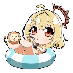 1girl ahoge bikini blonde_hair blue_innertube blush chibi chibi_only chopsticks closed_mouth commentary_request food full_body hair_intakes halo hinata_mashu holding holding_chopsticks lion looking_at_viewer medium_hair nanashi_inc. noodles orange_bikini orange_eyes orange_halo simple_background soba solo swimsuit tatamiya transparent_background virtual_youtuber