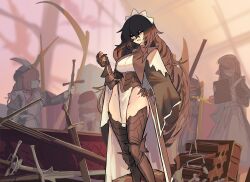 Rule 34 | 1girl, absurdres, armor, armored dress, black armor, black capelet, black eyes, black gauntlets, black hair, breasts, capelet, centurii-chan, commentary, double-parted bangs, dress, english commentary, executioner maid (centurii-chan), gauntlets, groin, hair between eyes, highres, holding, holding pocket watch, large breasts, leg armor, long hair, looking to the side, maid, maid headdress, multiple swords, multiple weapons, original, parted lips, pelvic curtain, people, pocket watch, scythe, sword, unconventional maid, very long hair, watch, weapon, white dress