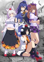1girl 4girls black_skirt blue_dress blue_hair blue_hat breasts brown_hair dress hat highres himekaidou_hatate iizunamaru_megumu inubashiri_momiji kitaura_kasumi long_hair medium_breasts multiple_girls purple_hat purple_skirt red_hat shameimaru_aya shirt short_hair skirt solo tokin_hat touhou twintails white_hair white_shirt