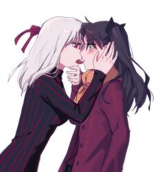 2girls black_hair blue_eyes blush corruption dark_persona dark_sakura dress fate/stay_night fate_(series) french_kiss hair_ribbon hand_on_another&#039;s_face heaven&#039;s_feel hwanm_fate incest jacket kiss long_hair matou_sakura multiple_girls orange_scarf red_eyes red_jacket ribbon scarf siblings sisters striped_clothes striped_dress surprise_kiss surprised tohsaka_rin tongue tongue_out two_side_up vertical-striped_clothes vertical-striped_dress white_hair yuri