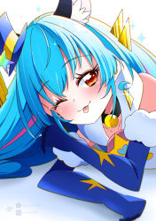 1girl absurdres animal_ear_fluff animal_ears bell blue_hair blush cat_ears cat_girl closed_mouth commentary cure_cosmo detached_sleeves earrings fur-trimmed_gloves fur_trim gloves hat highres jewelry long_eyelashes long_hair looking_at_viewer lying mini_hat mini_top_hat neck_bell on_side one_eye_closed pixiv_username potacure precure signature sparkle star_(symbol) tongue tongue_out top_hat twitter_username white_background yuni_(precure)