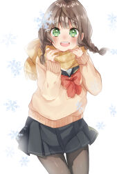 1girl :d black_pantyhose black_sailor_collar black_skirt blush bow braid brown_hair commentary_request green_eyes highres looking_at_viewer low_twin_braids mizuki_cream open_mouth original pantyhose plaid_clothes plaid_scarf pleated_skirt red_bow sailor_collar scarf school_uniform serafuku skirt smile snowflakes solo sweater teeth tongue twin_braids upper_teeth_only white_background yellow_scarf yellow_sweater