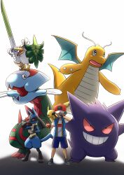 1boy :3 absurdres adjusting_clothes adjusting_headwear antennae arm_up ash_ketchum baseball_cap bird black_eyes black_gloves black_hair black_shoes blue_shorts blue_vest closed_mouth commentary_request dracovish dragonite facing_viewer fingerless_gloves food gen_1_pokemon gen_4_pokemon gen_8_pokemon gengar gloves grin hand_on_headwear happy hat hat_over_eyes highres holding holding_food holding_poke_ball holding_spring_onion holding_vegetable looking_at_viewer lucario male_focus nintendo on_head on_shoulder open_clothes open_mouth open_vest partial_commentary pikachu poke_ball poke_ball_(basic) pokemon pokemon_(anime) pokemon_(creature) pokemon_journeys pokemon_on_head pokemon_on_shoulder print_hat red_eyes red_hat shirt shoes short_hair short_sleeves shorts simple_background sirfetch&#039;d smile spring_onion standing teeth vegetable vest watagashikn white_background white_shirt