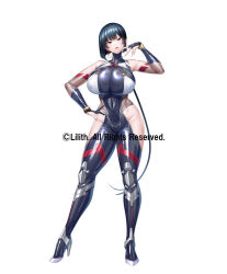 1girl bob_cut bodysuit breasts copyright_name curvy fingerless_gloves full_body gloves hand_on_own_hip high_heels highres huge_breasts impossible_bodysuit impossible_clothes lilith-soft lips looking_at_viewer looking_back low_ponytail ponytail revealing_clothes ryuuzen_tomoko shiny_skin short_hair sian smile solo taimanin_(series) taimanin_rpgx taimanin_suit wide_hips